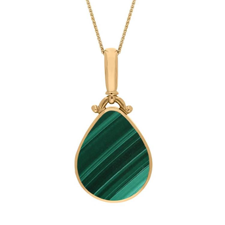 9ct Yellow Gold Whitby Jet Malachite Double Sided Pear Fob Necklace - Yellow Gold