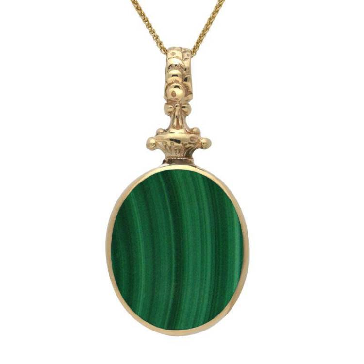 9ct Yellow Gold Whitby Jet Malachite Double Sided Oval Fob Necklace - Yellow Gold