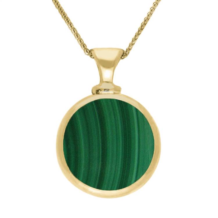 9ct Yellow Gold Whitby Jet Malachite Double Sided Round Dinky Fob Necklace - Yellow Gold