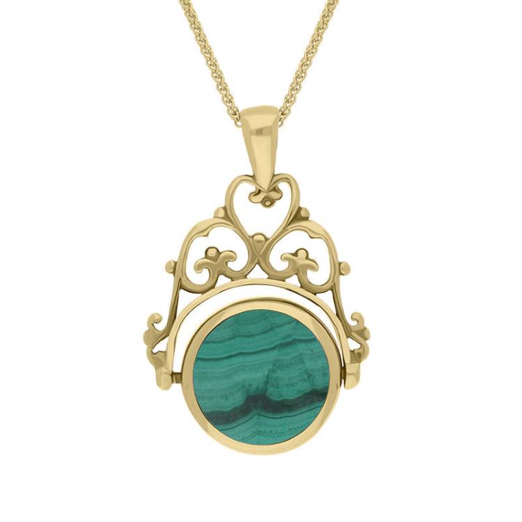 9ct Yellow Gold Whitby Jet Malachite Double Sided Round Swivel Fob Necklace - Yellow Gold