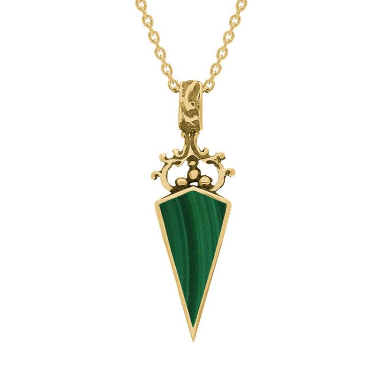 9ct Yellow Gold Whitby Jet Malachite Double Sided Scroll Top Dagger Fob Necklace - Yellow Gold