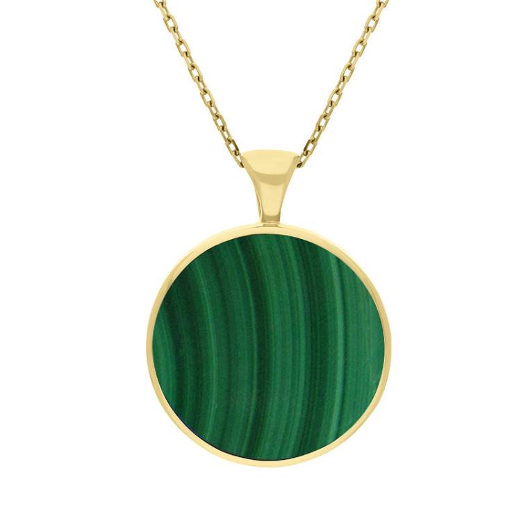 9ct Yellow Gold Whitby Jet Malachite Large Double Sided Round Fob Necklace - Yellow Gold