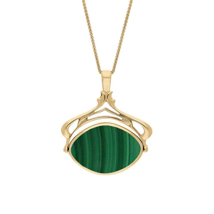 9ct Yellow Gold Whitby Jet Malachite Marquise Swivel Fob Necklace - Gold