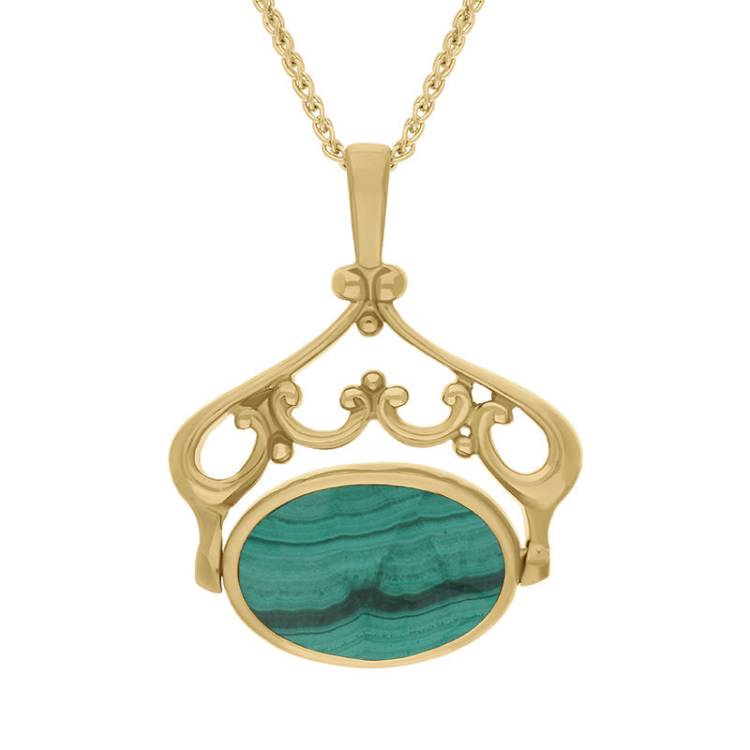 9ct Yellow Gold Whitby Jet Malachite Double Sided Oval Swivel Fob Necklace - Yellow Gold