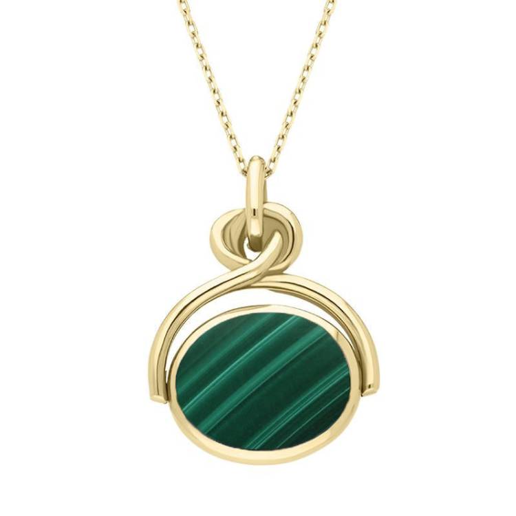 9ct Yellow Gold Whitby Jet Malachite Oval Swivel Fob Necklace - Yellow Gold