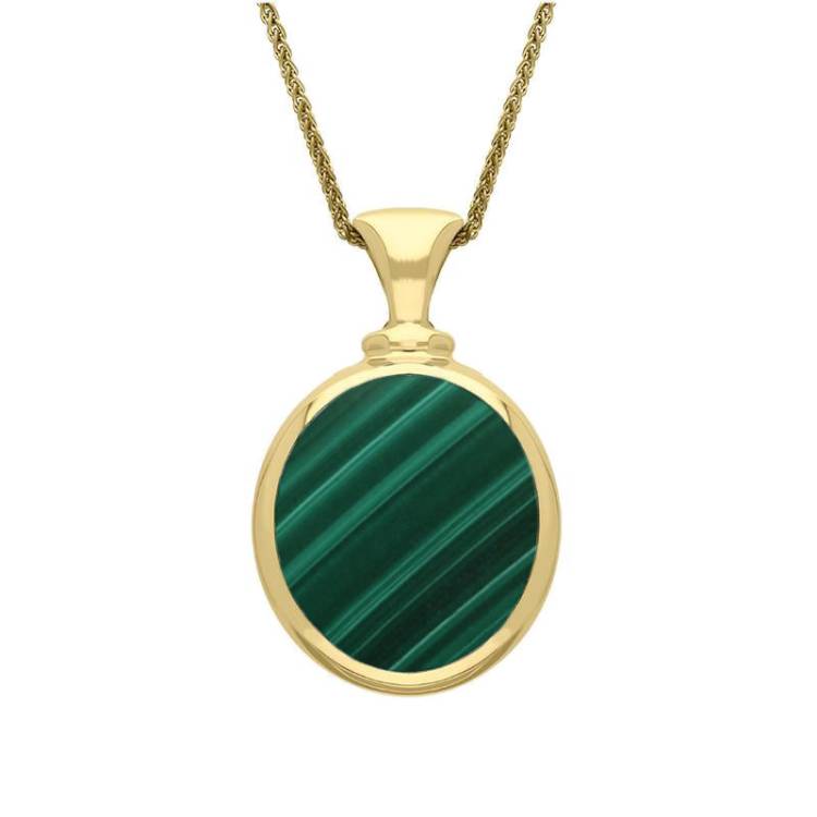 9ct Yellow Gold Whitby Jet Malachite Small Double Sided Oval Fob Necklace - Yellow Gold