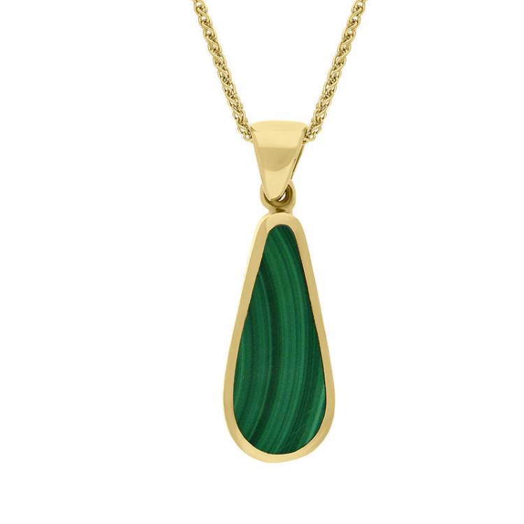 9ct Yellow Gold Whitby Jet Malachite Small Double Sided Pear Cut Fob Necklace - Yellow Gold