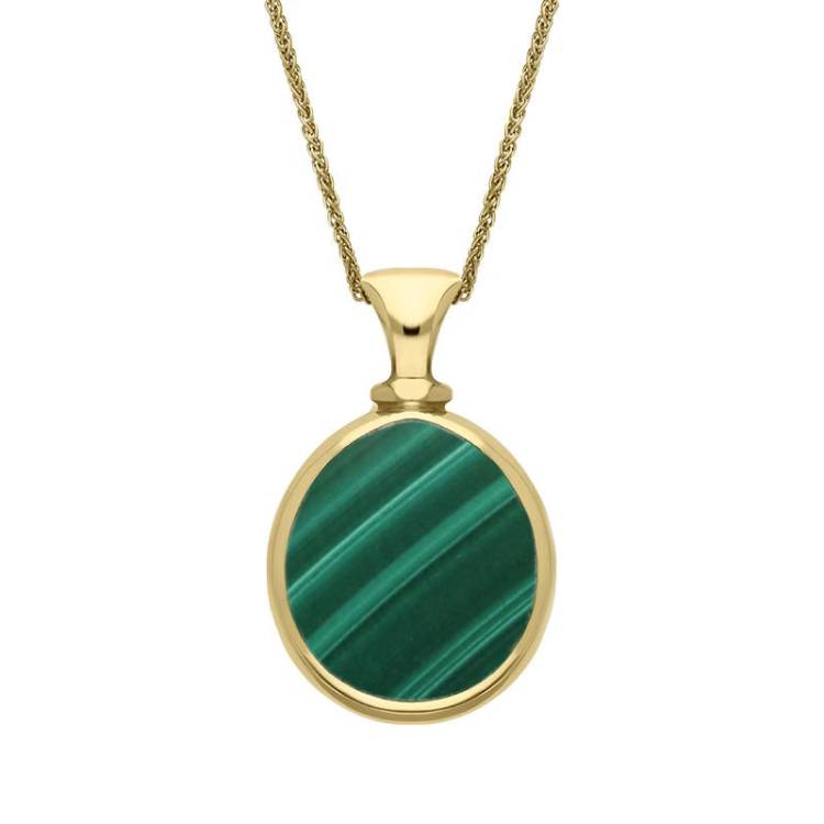 9ct Yellow Gold Whitby Jet Malachite Small Double Sided Pear Fob Necklace