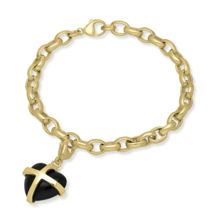 9ct Yellow Gold Whitby Jet Medium Cross Heart Charm Bracelet - Option1 Value Gold