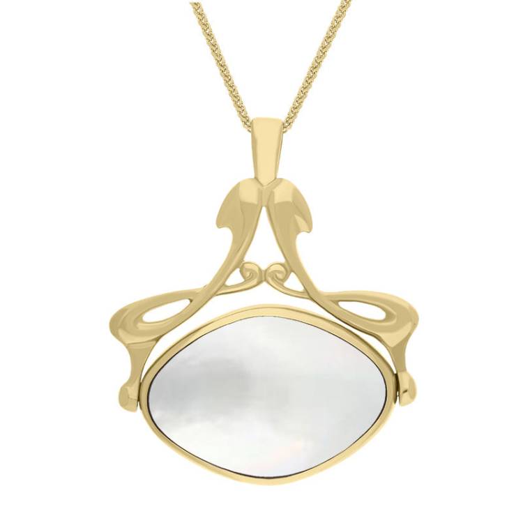 9ct Yellow Gold Whitby Jet Mother Of Pearl Bell Diamond Swivel Fob Necklace - Gold