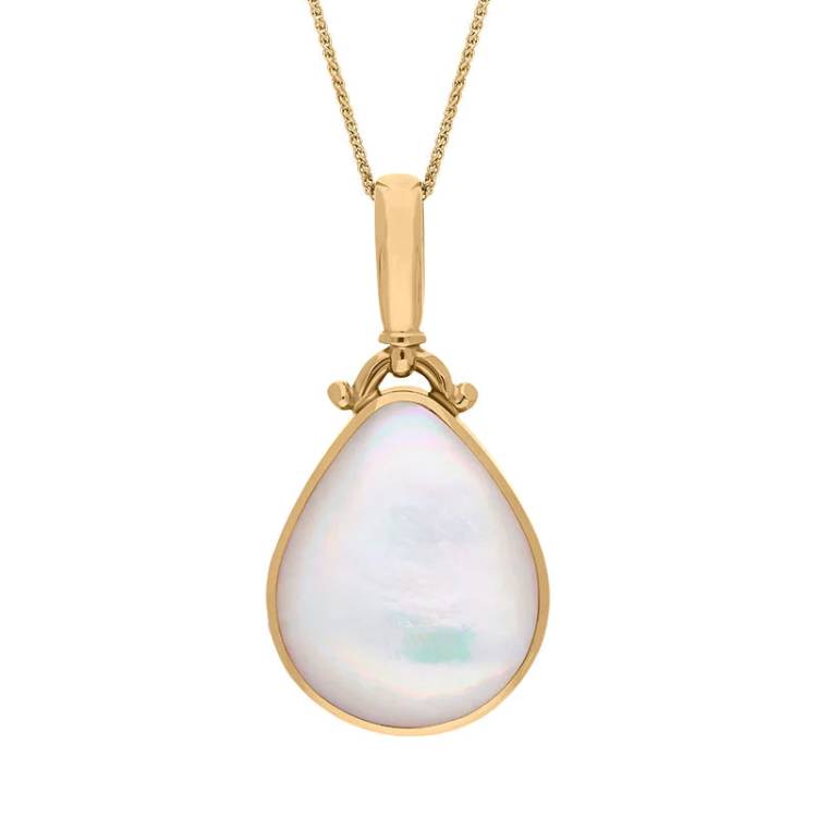 9ct Yellow Gold Whitby Jet Mother of Pearl Double Sided Pear Fob Necklace - Yellow Gold