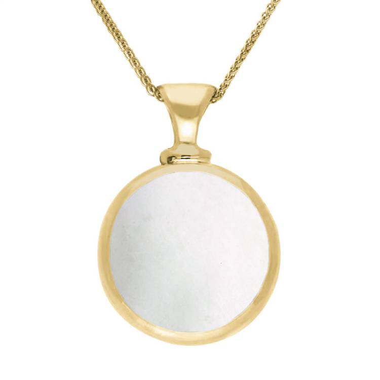 9ct Yellow Gold Whitby Jet Mother Of Pearl Double Sided Round Dinky Fob Necklace - Yellow Gold