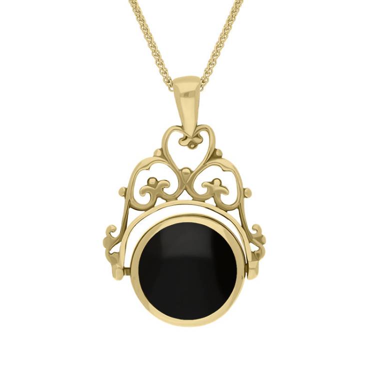 9ct Yellow Gold Whitby Jet Lapis Lazuli Double Sided Round Swivel Fob Necklace - Yellow Gold