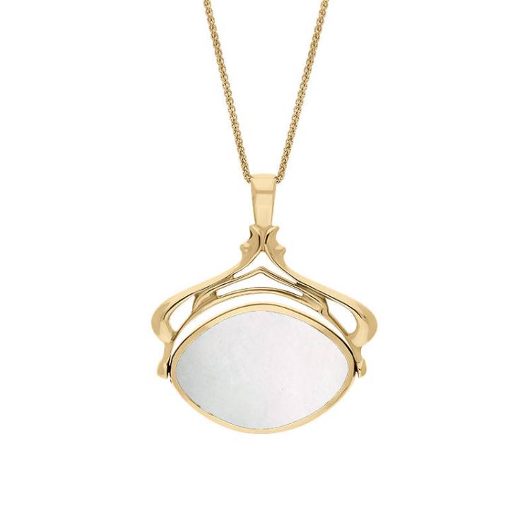 9ct Yellow Gold Whitby Jet Mother Of Pearl Marquise Swivel Fob Necklace - Gold