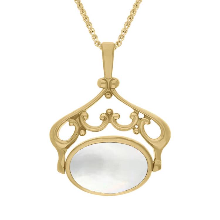 9ct Yellow Gold Whitby Jet Mother Of Pearl Double Sided Oval Swivel Fob Necklace - Yellow Gold