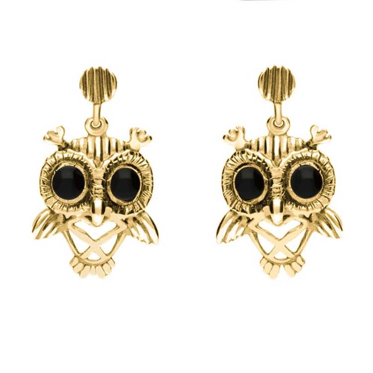 9ct Yellow Gold Whitby Jet Owl Stud Earrings
