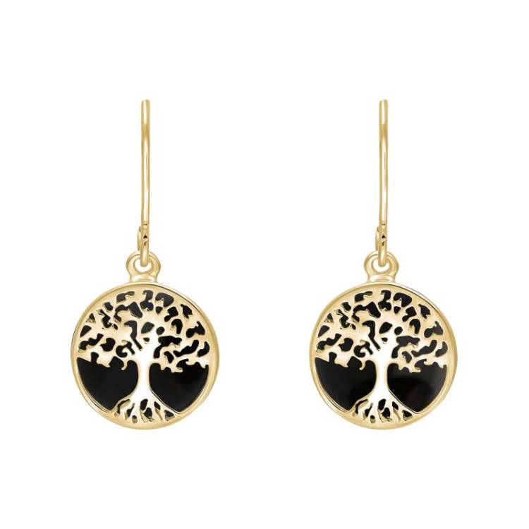 9ct Yellow Gold Whitby Jet Round Tree of Life Drop Earrings