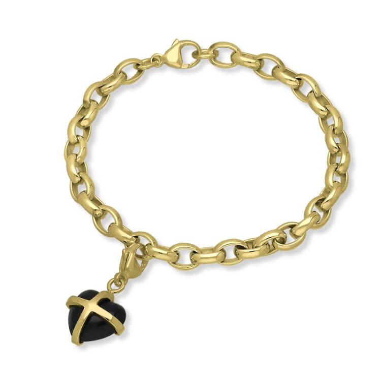 9ct Yellow Gold Whitby Jet Small Cross Heart Charm Bracelet - Option1 Value Gold