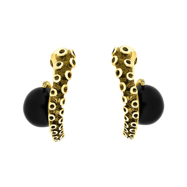 9ct Yellow Gold Whitby Jet Tentacle Hoop Earrings - Gold