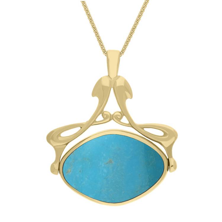 9ct Yellow Gold Whitby Jet Turquoise Bell Diamond Swivel Fob Necklace - Gold