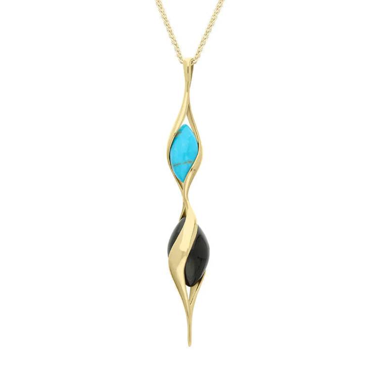 9ct Yellow Gold Whitby Jet Turquoise Double Bead Twist Necklace - Gold