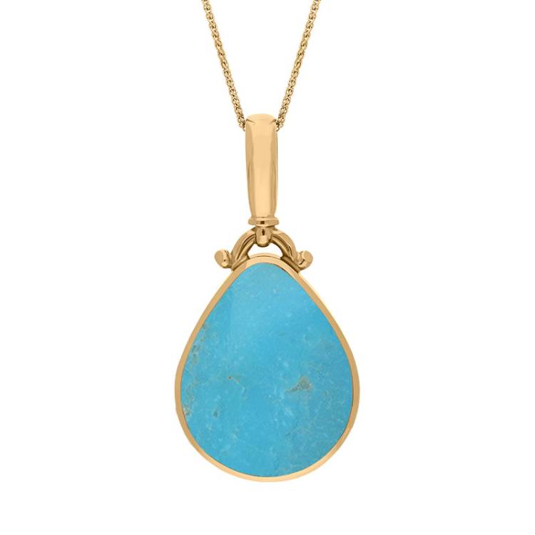9ct Yellow Gold Whitby Jet Turquoise Double Sided Pear Fob Necklace - Yellow Gold