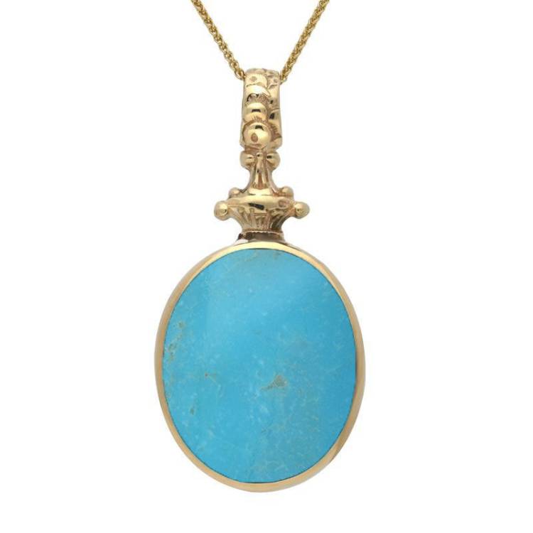 9ct Yellow Gold Whitby Jet Turquoise Double Sided Oval Fob Necklace - Yellow Gold