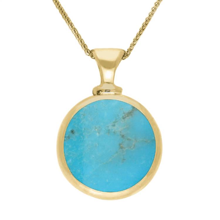 9ct Yellow Gold Whitby Jet Turquoise Double Sided Round Dinky Fob Necklace - Yellow Gold