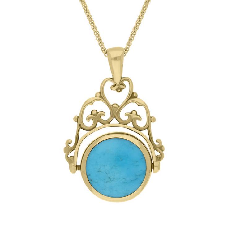 9ct Yellow Gold Whitby Jet Turquoise Double Sided Round Swivel Fob Necklace - Yellow Gold