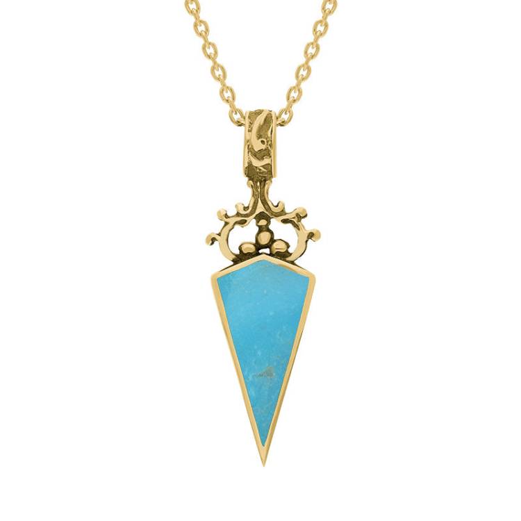 9ct Yellow Gold Whitby Jet Turquoise Double Sided Scroll Dagger Fob Necklace - Yellow Gold
