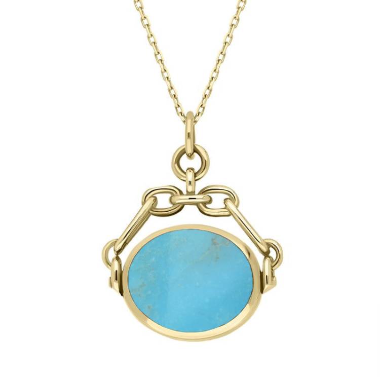 9ct Yellow Gold Whitby Jet Turquoise Double Sided Swivel Fob Necklace - Yellow Gold