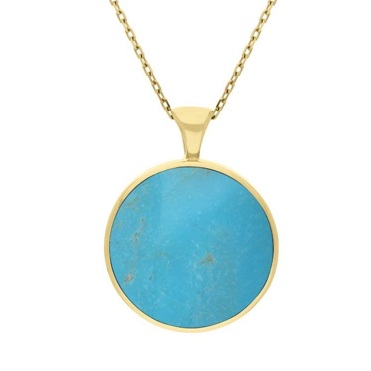 9ct Yellow Gold Whitby Jet Turquoise Large Double Sided Round Fob Necklace - Yellow Gold