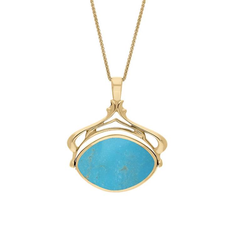 9ct Yellow Gold Whitby Jet Turquoise Marquise Swivel Fob Necklace - Gold