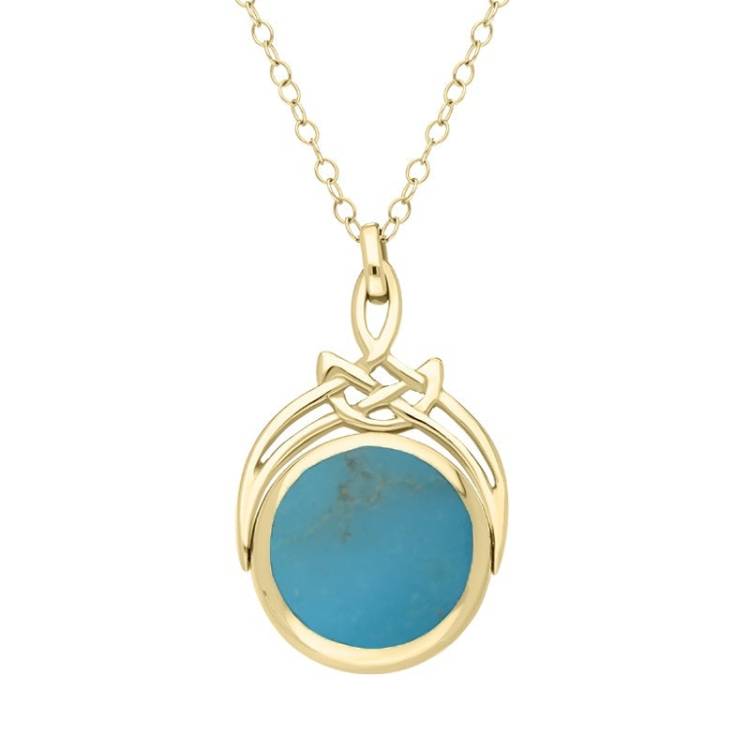 9ct Yellow Gold Whitby Jet Turquoise Round Swivel Fob Necklace - Gold