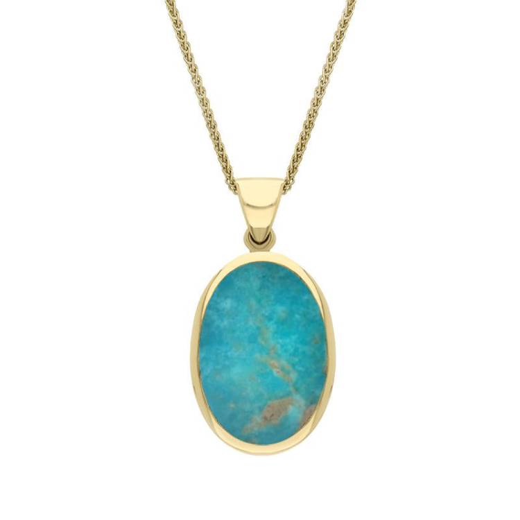 9ct Yellow Gold Whitby Jet Turquoise Small Double Sided Fob Necklace