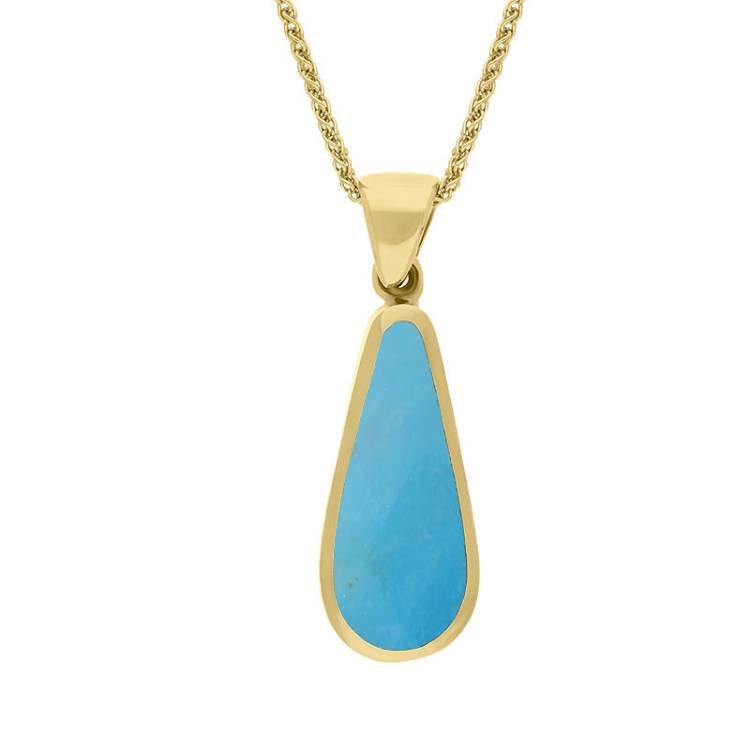 9ct Yellow Gold Whitby Jet Turquoise Small Double Sided Pear Cut Fob Necklace - Yellow Gold