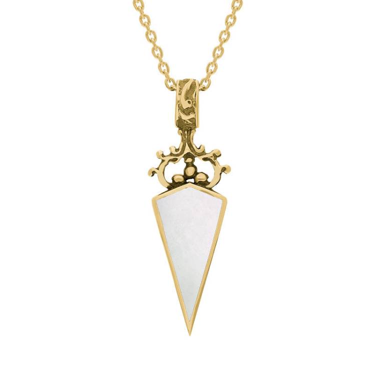 9ct Yellow Gold Whitby Jet Mother Of Pearl Double Sided Dagger Fob Necklace - Yellow Gold