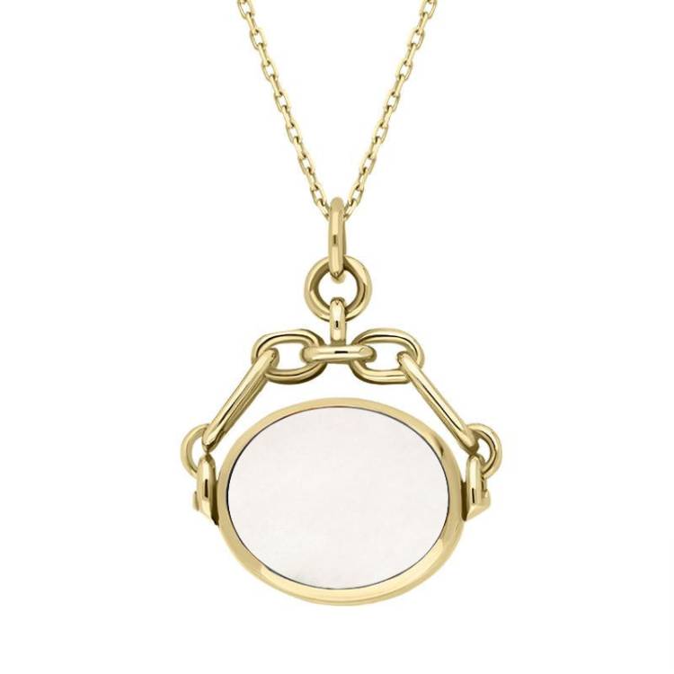 9ct Yellow Gold Whitby Jet White Mother Of Pearl Double Sided Swivel Fob Necklace - Yellow Gold