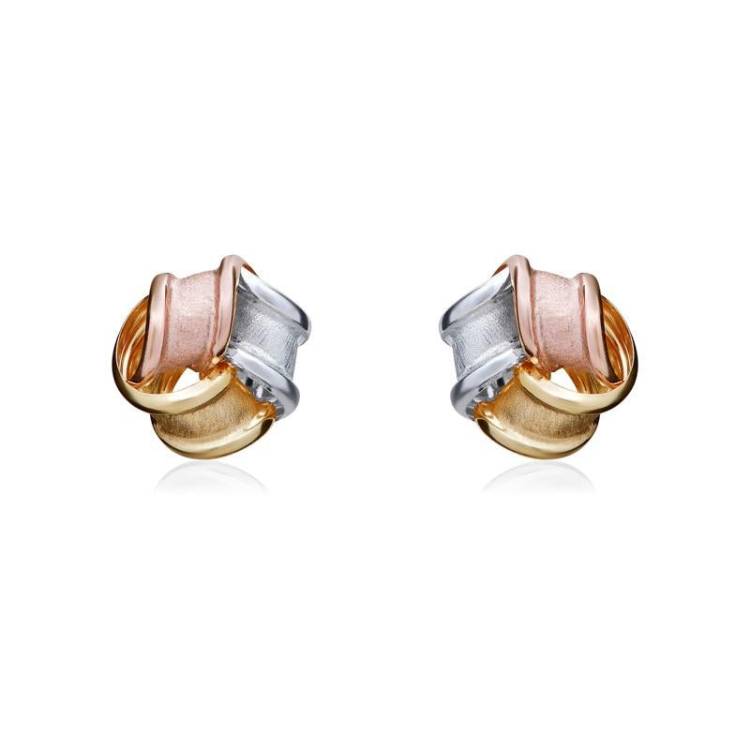 9ct Brushed Yellow, White and Rose Gold 7mm Knot Stud Earrings