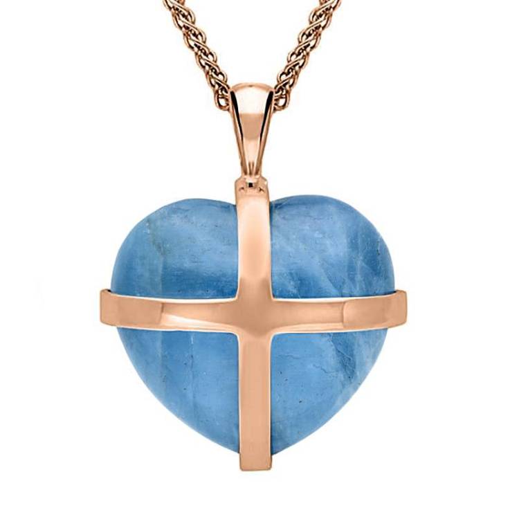 9ct Rose Gold Aquamarine Large Cross Heart Necklace