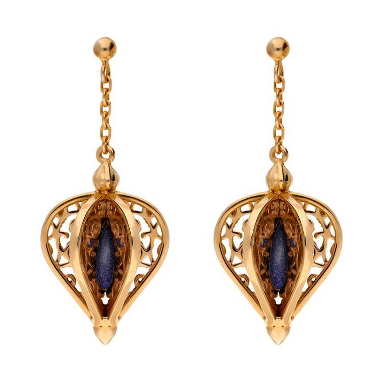 9ct Rose Gold Blue Goldstone Flore Filigree Drop Earrings