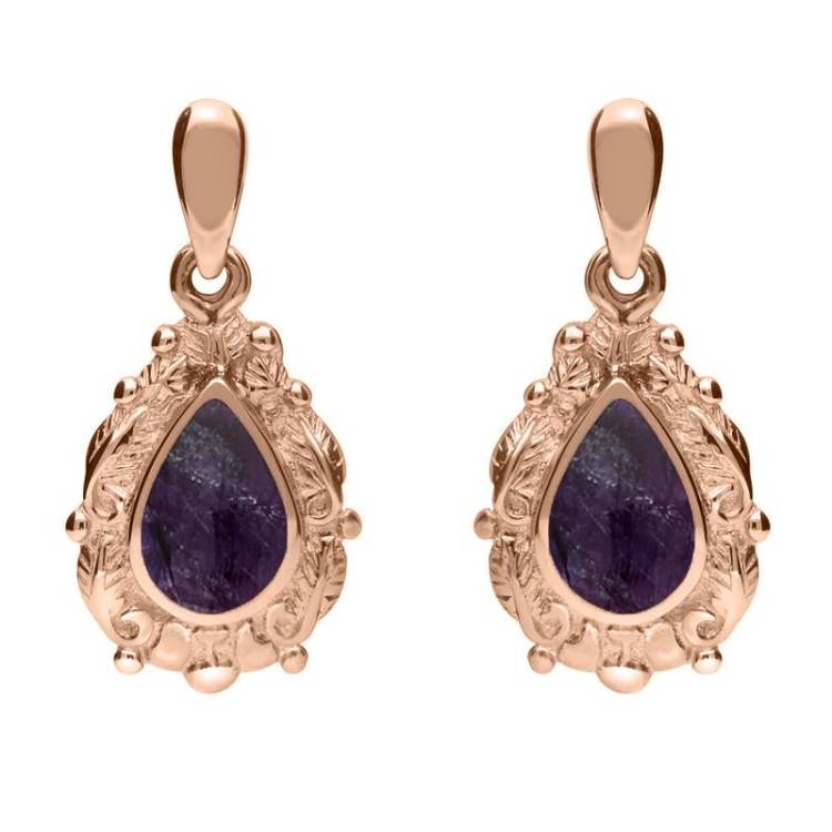 9ct Rose Gold Blue John Pear Shaped Leaf Drop Earrings - Rose Gold