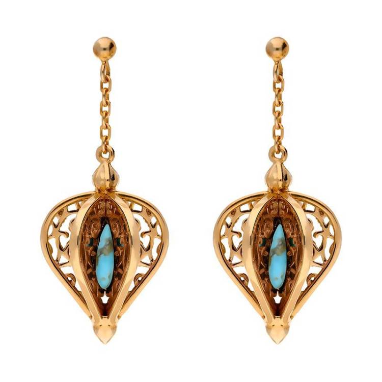 9ct Rose Gold Turquoise Flore Filigree Drop Earrings