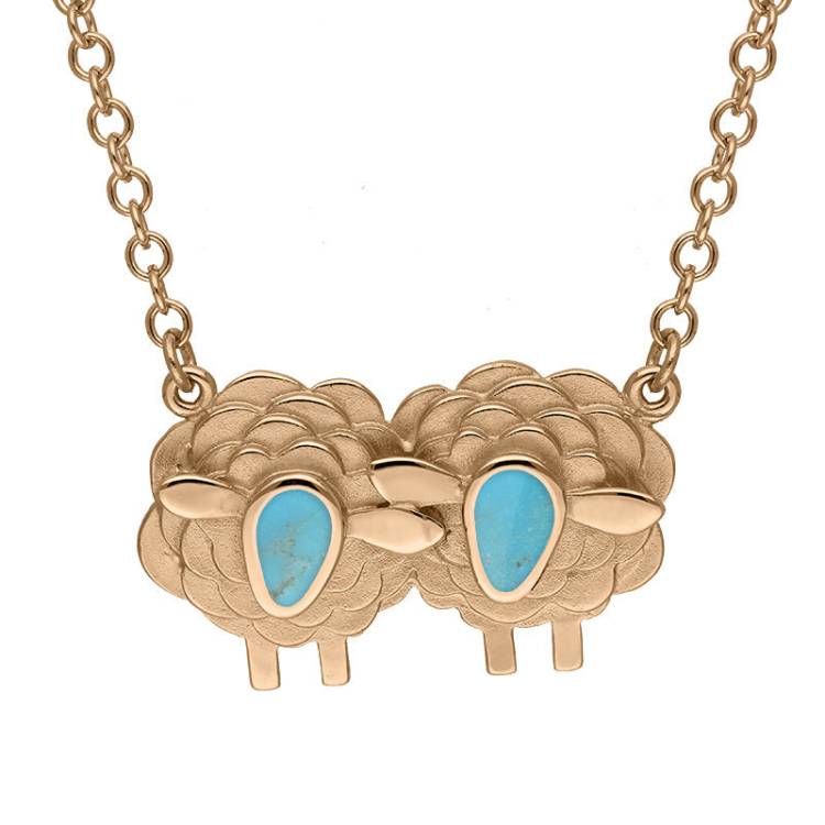 9ct Rose Gold Turquoise Two Large Sheep Necklace - Gold