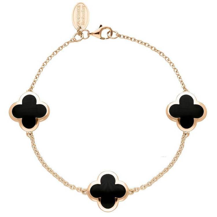 9ct Rose Gold Whitby Jet Bloom Four Leaf Clover Chain Bracelet