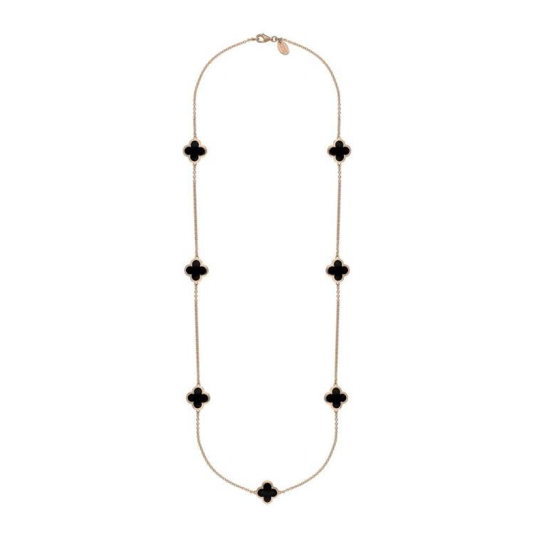 9ct Rose Gold Whitby Jet Bloom Four Leaf Clover Long Necklace