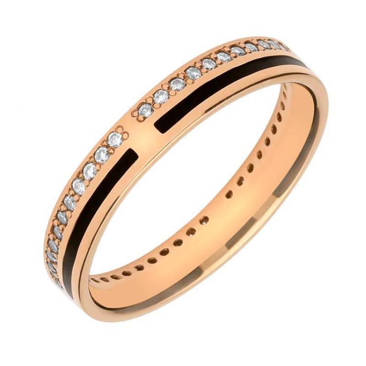 9ct Rose Gold Whitby Jet Diamond Inlaid Wedding Band Ring - Rose Gold