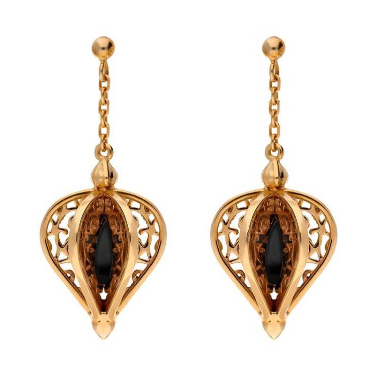 9ct Rose Gold Whitby Jet Flore Filigree Drop Earrings