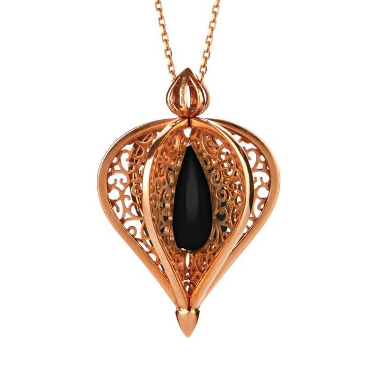 9ct Rose Gold Whitby Jet Flore Filigree Droplet Necklace