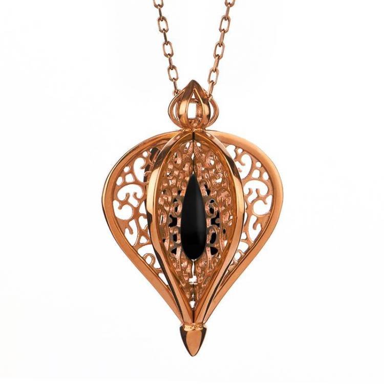 9ct Rose Gold Whitby Jet Flore Filigree Small Necklace